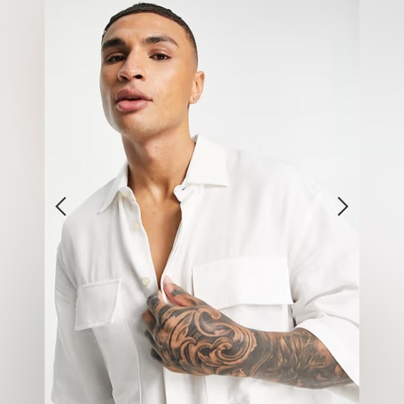 BERSHKA Men’s Oversized White Double Pocket Button Street Urban Shirt 40 Large L - Picture 2 of 10